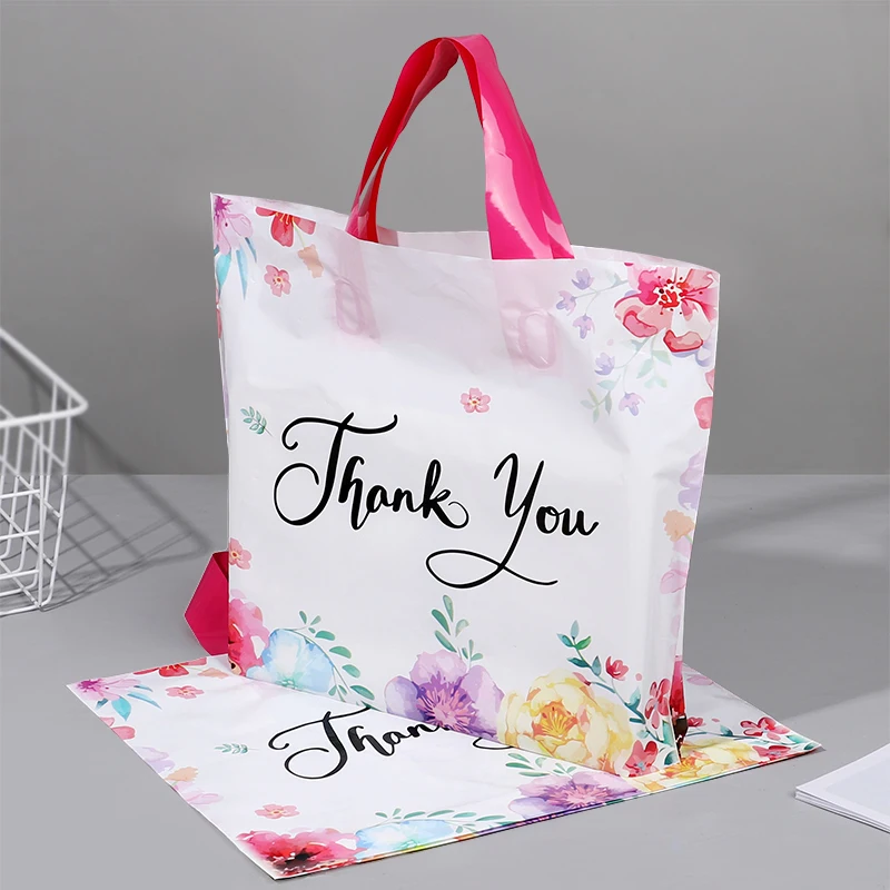 

10pcs Thank You Gift Bag Floral Design Plastic Tote Bags for Wedding Birthday Party Gift Packaging Thanksgiving Christmas Favors