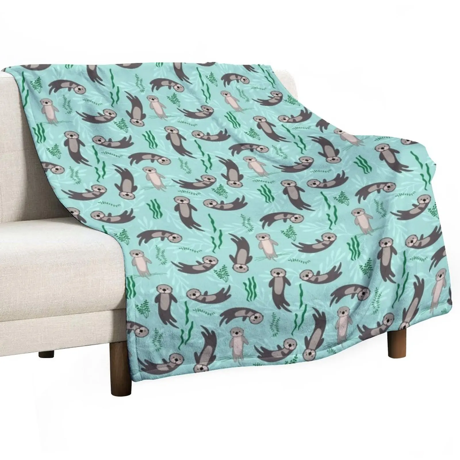 Otters Plants Green Seamless Throw Blanket Soft Sofa Quilt Blankets