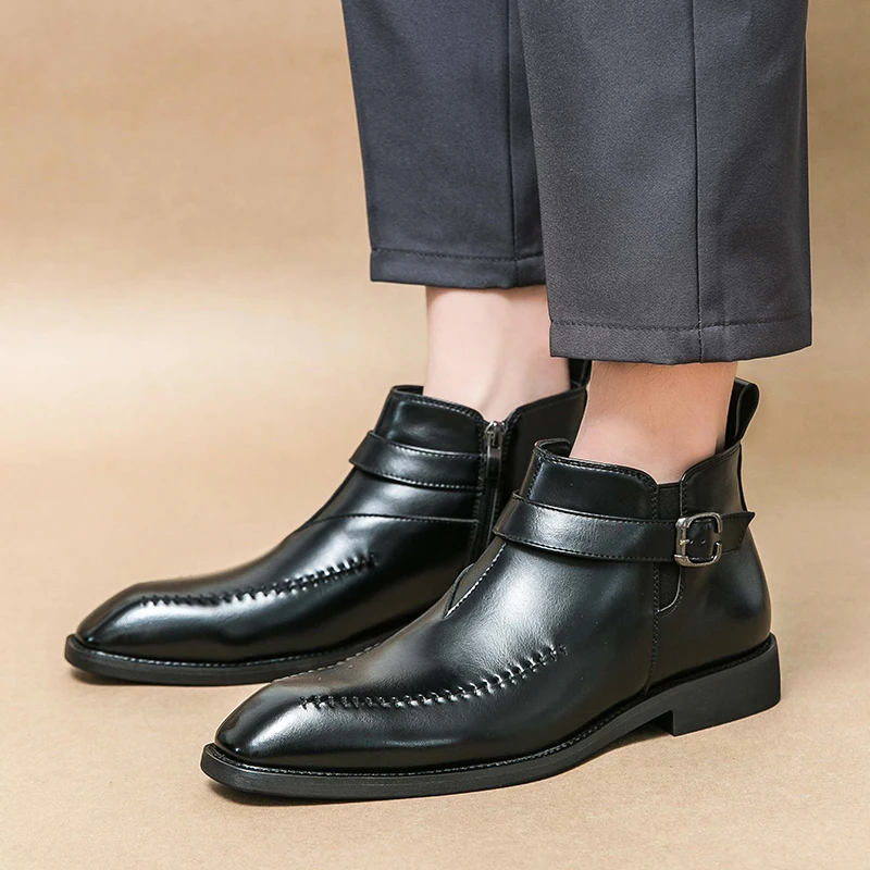 Autumn Sharp Pointed Knight Boots Side Zipper High Top Boots Fashion Brand Men's Square Head Comfortable Buckle Chelsea Boots