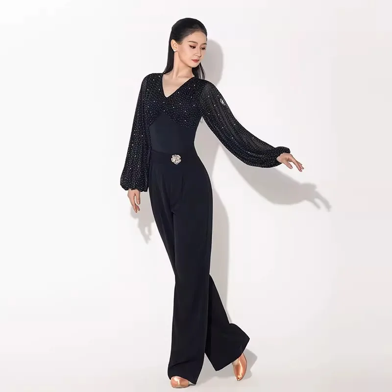 ใหม่โมเดิร์นแดนซ์วอลซ์เครื่องแต่งกายการแสดงกางเกงขากว้างกางเกงเอวสูงชุดบอลรูมฝึกซ้อมการฝึกอบรมสวมใส่ DN22535