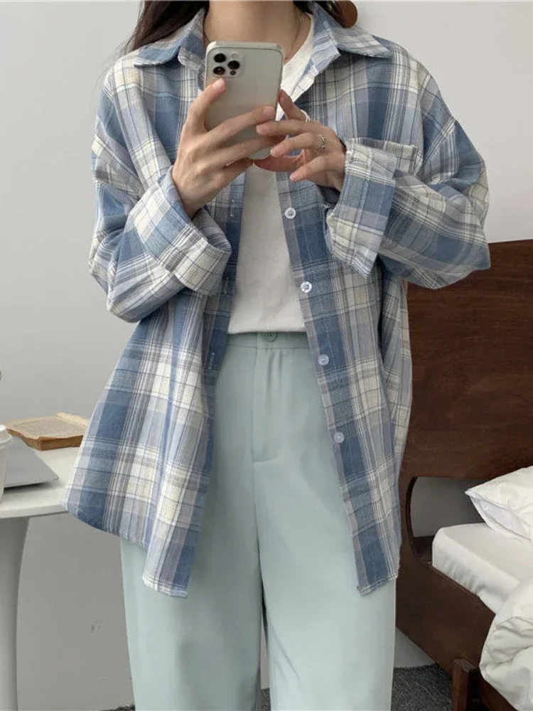 Blusa informal de manga larga para mujer, camisa coreana holgada de longitud media a cuadros para invierno, Tops con cuello vuelto a la moda para mujer