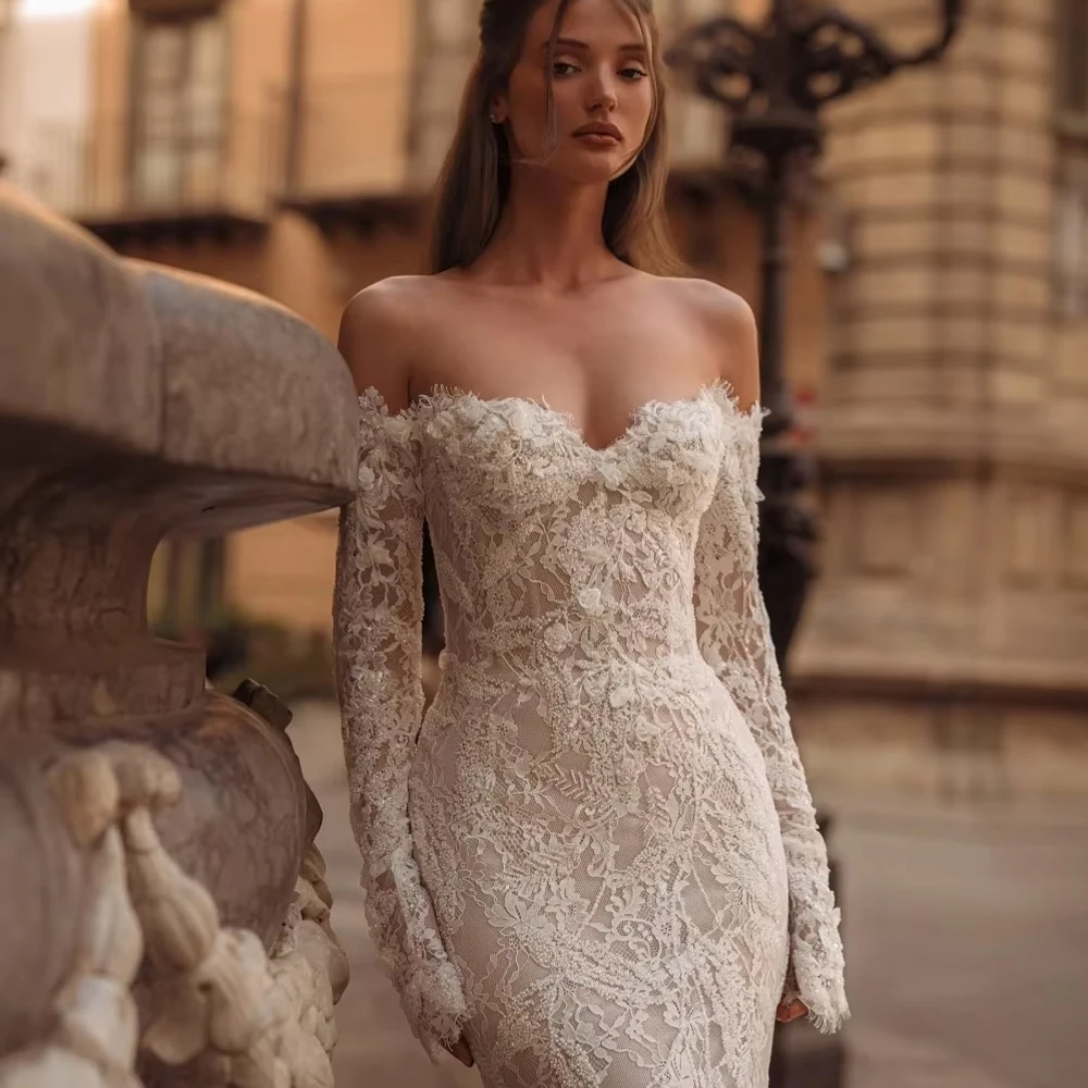 تخصيص الدانتيل حورية البحر فستان الزفاف رومانسية الحبيب الرقبة ثوب الزفاف قبالة فساتين الكتف للعروس فستان زفاف فيستدو
