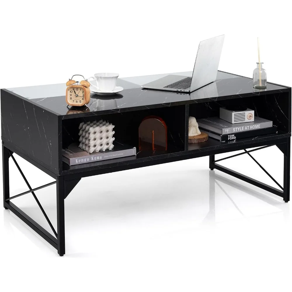 LED Coffee Table, High Gloss Coffee Tables with 4 Storage Cubes, 20-Color Lights, Remote Control, Faux Marble & Tempered