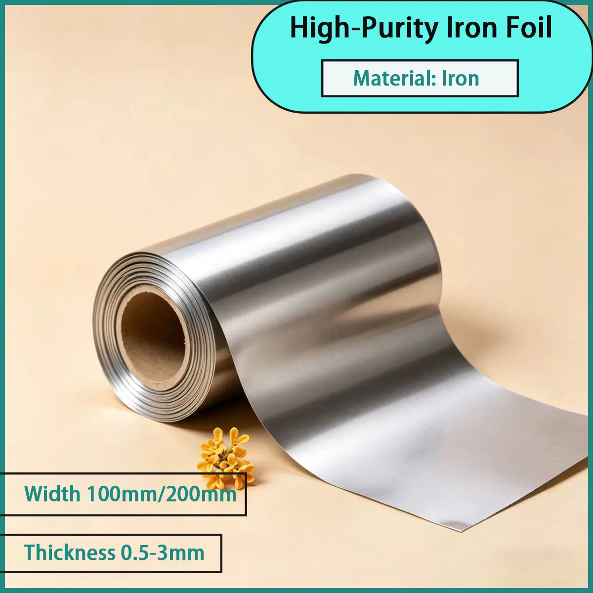 High purity iron foil with a thickness of 0.5-3mm is used for electronic components,  sensors, battery electrodes, etc
