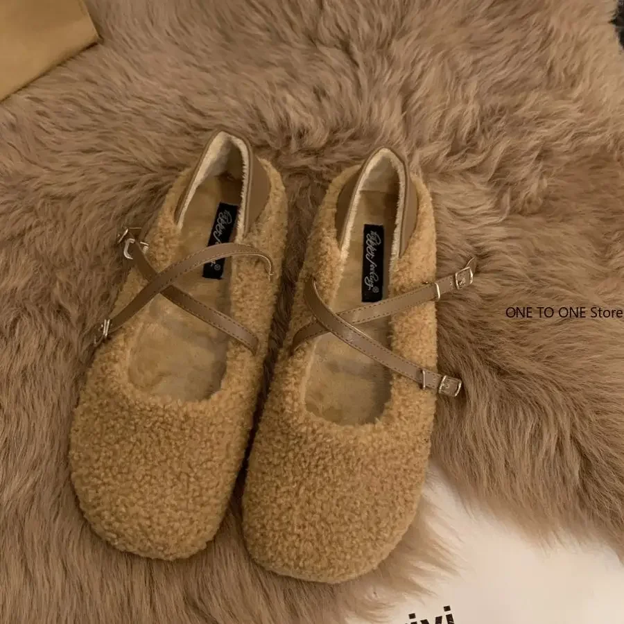 2024 Fashion Round Toe Wool Ballet Flats Ladies Brand Design Fur Mary Jane Shoes Woman Winter Warm Plush Loafers Mujer