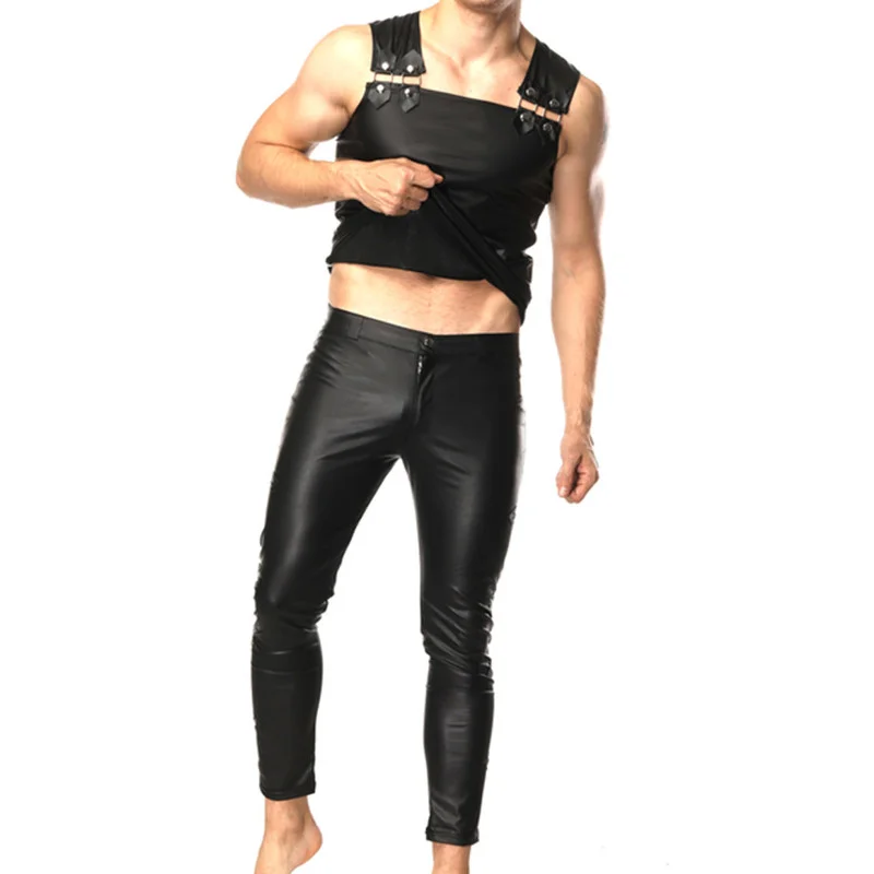 Mens Undershirts Patend Leather Vest Sleeveless T-shirts Nightclub Tank Top Faux Leather Stage Dance Skinny Pants Or Clothes Set