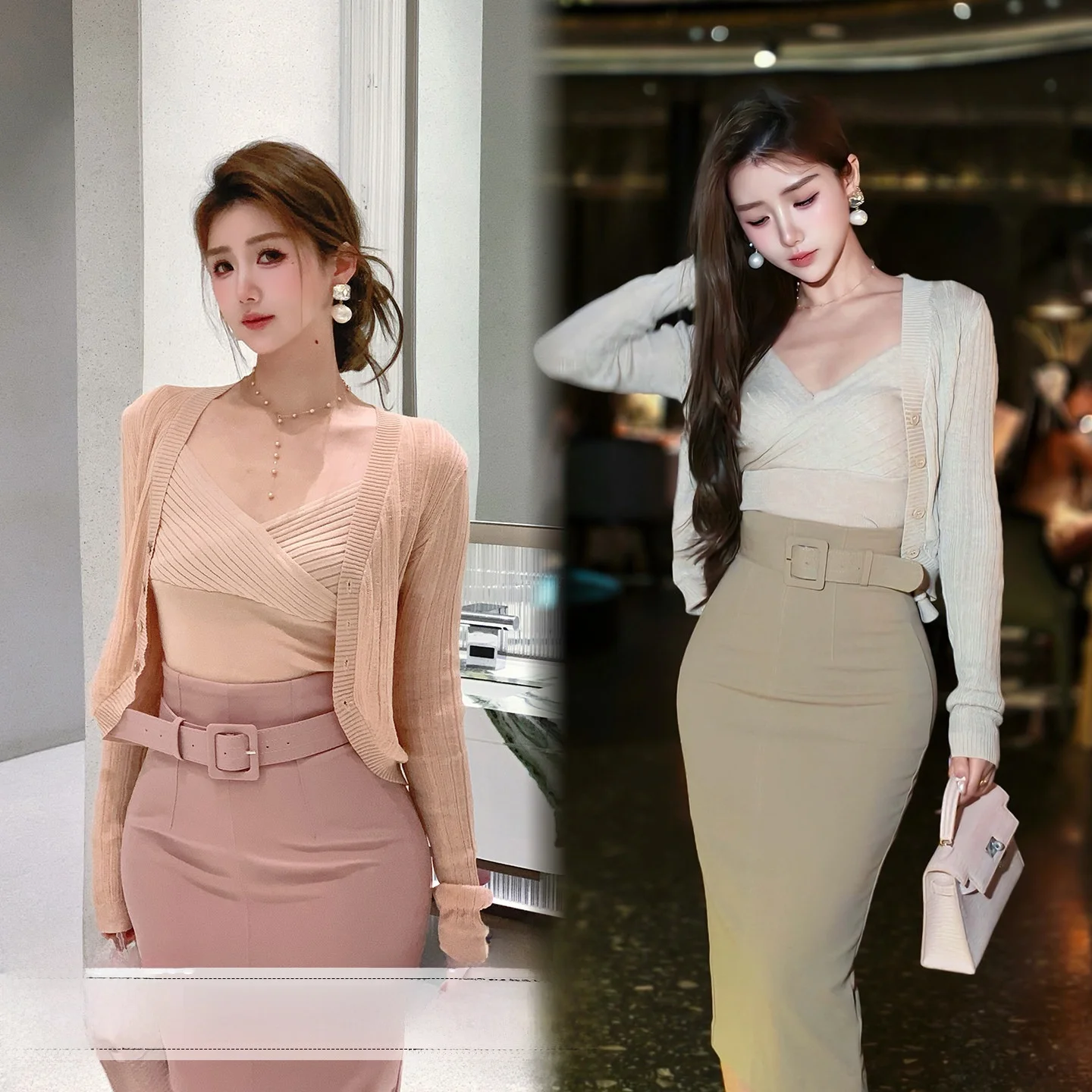 

Ледяная погода пришла | Комплект из вязаного кардигана с длинными рукавами и топа-халтера с перекрестной текстурой, облегающий, в стиле минимализм, для женщин