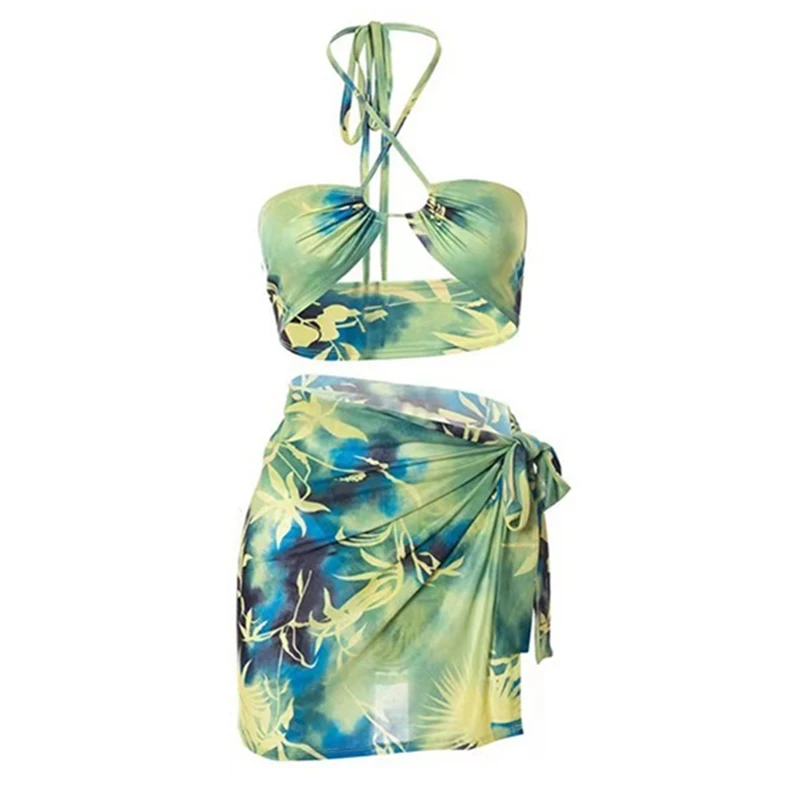 Gradient Printing Swimsuit Women Micro Bikini Three Piece Sexy Bandeau Bikini Set Bandage Cover Up Beach Vacation Bathing Suit