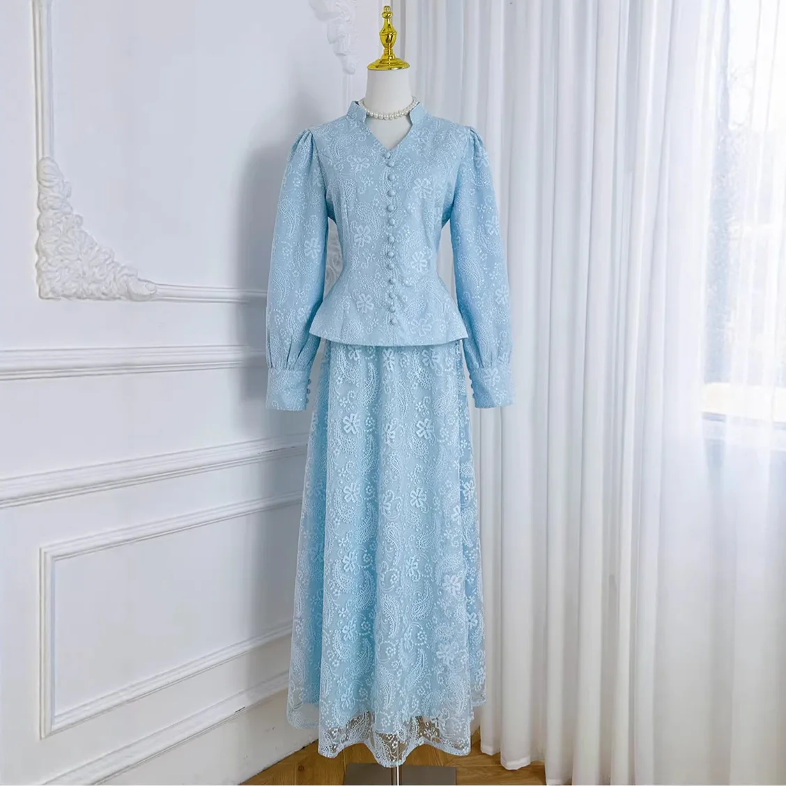 

Brand Elegant Summer Autumn Two Piece Set Women Lace Long Dresses Embroidery Shirts Blouse A Line Maxi Skirts Suits 2pcs Outfits