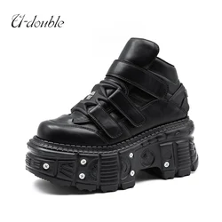 Sapatos de plataforma com cordões estilo punk para mulheres, altura do salto 6cm, decoração metálica, tênis feminino, tornozelo gótico, botas de rocha, novo, 2022