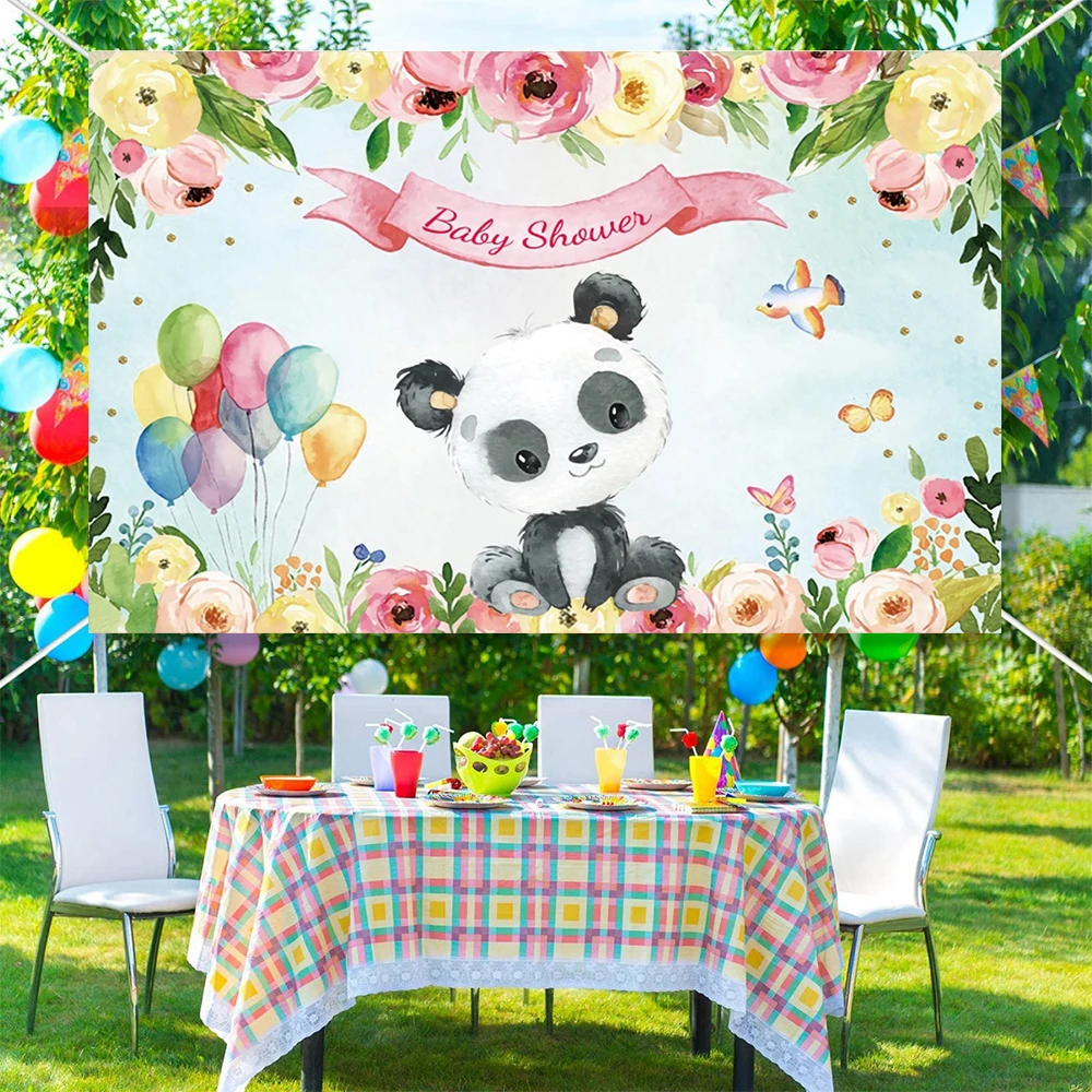 Śliczna panda z kreskówek Tło Bambusowy kwiat Panda Motyw Urodziny Impreza Baby Shower Dekoracja Fotografia Tło Baner Zdjęcie Niestandardowe