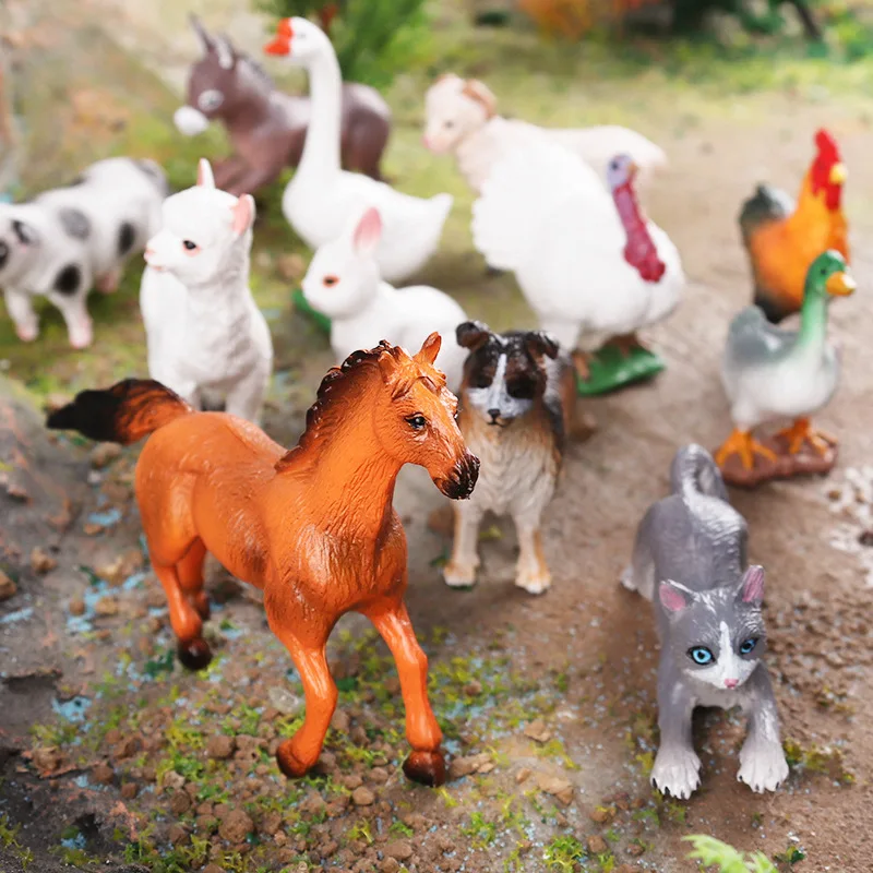 New 12pcs Farm Animal Figurines Poultry Sets Action Figures Horse Cow Dog Duck Sheep Cock Model Education Toys for Children Gift