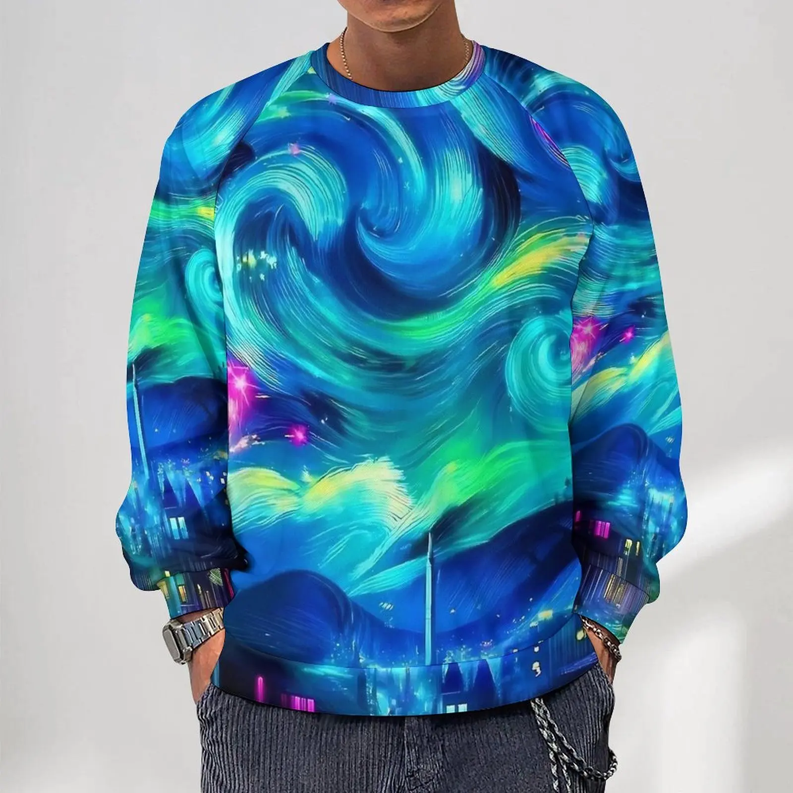 Starry Night Casual Hoodies Couple Neon Swirl Print Modern Hoodie Spring Streetwear Custom Sweatshirts Oversized Top