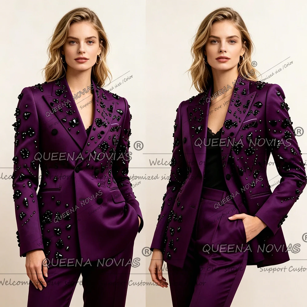 Elegant Diamond Beaded Suit Women Double Breasted Jacket Pants 2 Piece Sets Lady Business Tuxedos Customized Bride' Mother Dress