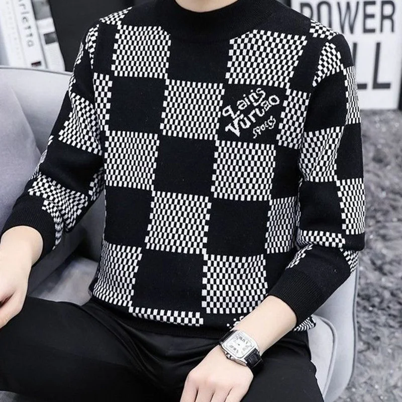 Korean 2023 New Autumn Winter Plaid Sweatshirts Men Fashion Trend Printing Bottoming Shirt Men\'s Clothing All-match O-neck Tops