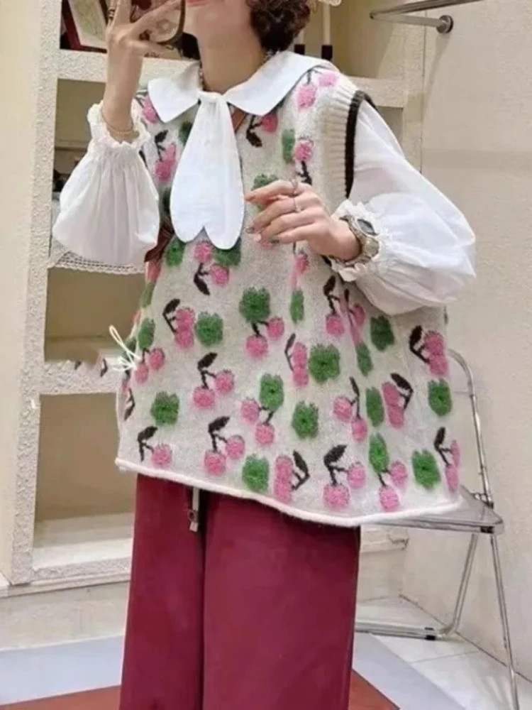 

Hikigawa Chic Fashion Women Cherry Jacquard Sweater Knitted Vests Autumn Loose Streetwear Casual Sleeveless Outerwear Tops Mujer