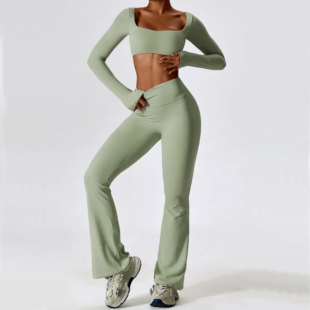 Women Tracksuit Gym Yoga Suit 2PCS Tight Fitting Sports Set Workout Breathable T Shirts Bra Tank Top Loose Bell-bottoms Leggings