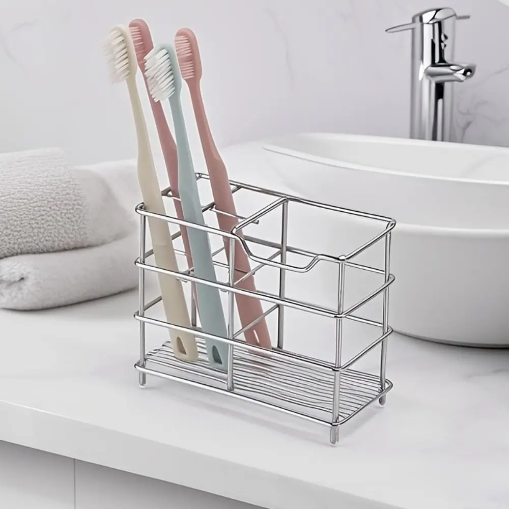 5-Slot Layout Toothbrush Holder Stainless Steel Freestanding Base Toothpaste Holder Space Saving Slatted Bottom Storage Holder