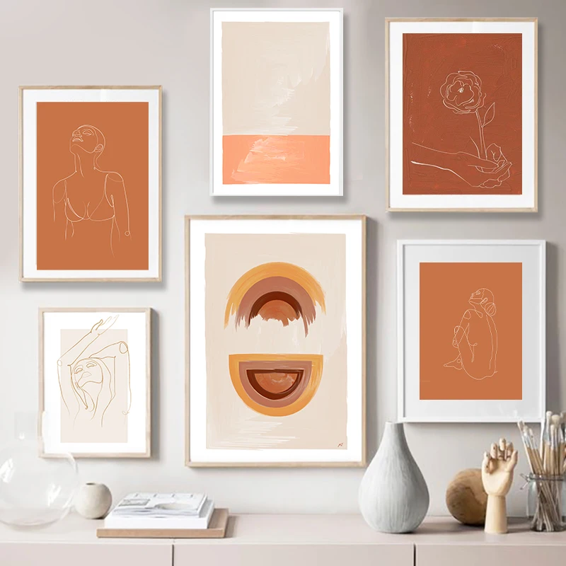 1PC  Abstract Burnt Orange Wall Art Canvas Painting Terracotta Rainbow Minimalist One Line Drawing Posters Boho Prints Home D