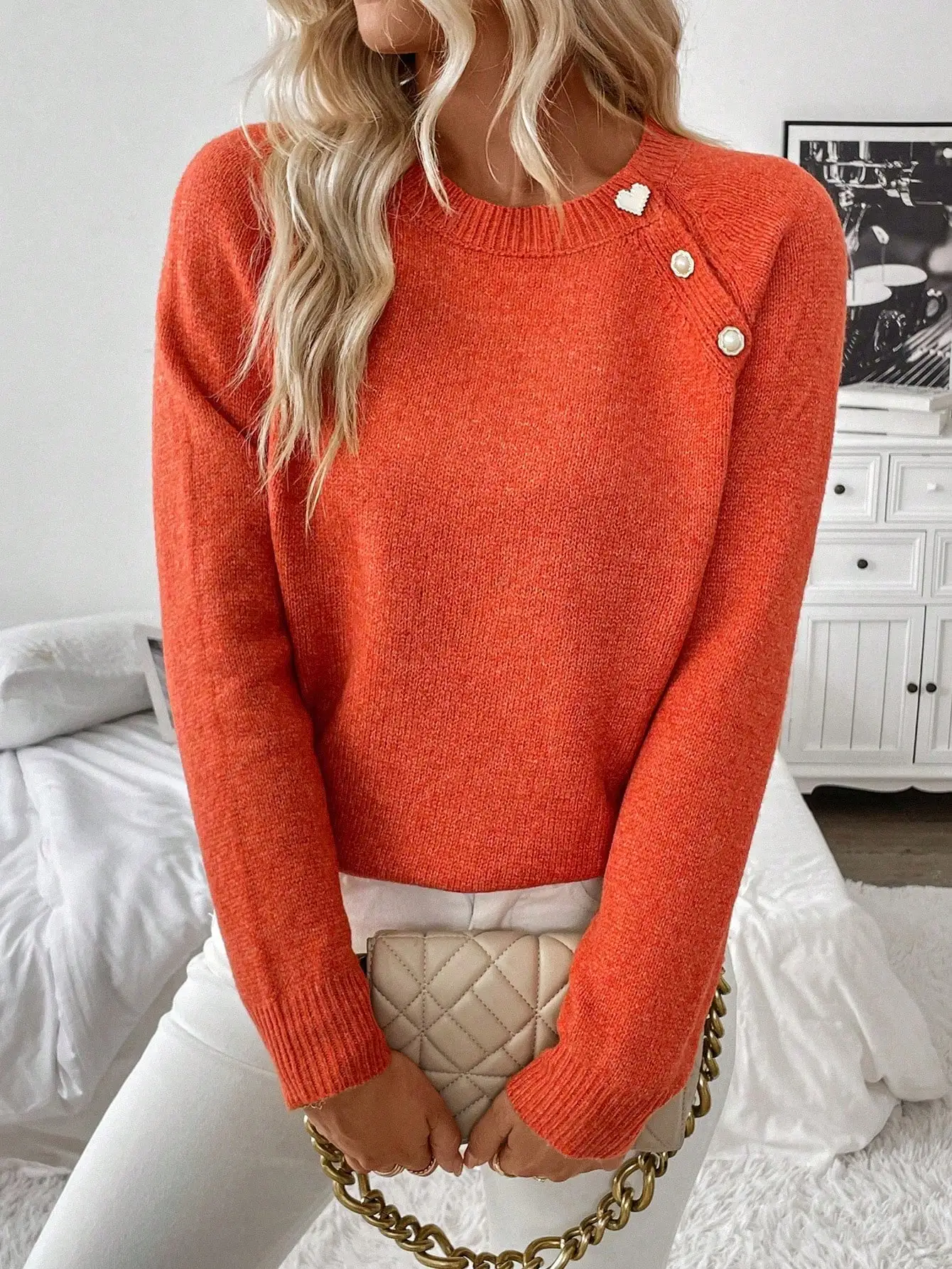 

Women's Orange Knit Pullover with Pearl Buttons and Heart Detail