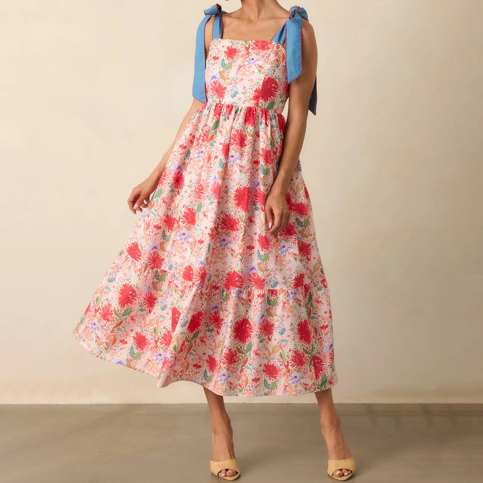 Feiertags-Damenkleid mit Spaghettiträgern und Blumenmuster, stilvolles, ärmelloses, schulterfreies, langes A-Linien-Kleid für Frühling und Sommer