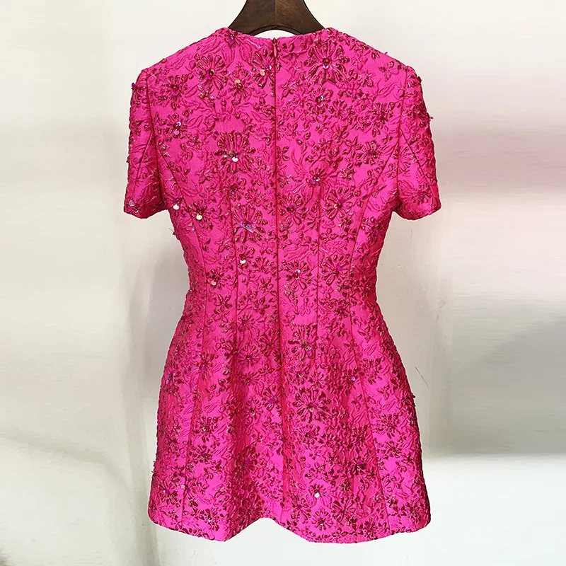 2024 New Star Fashion Rose Pink Series Jacquard Heavy Industry Nail Bead Short Sleeved Dress