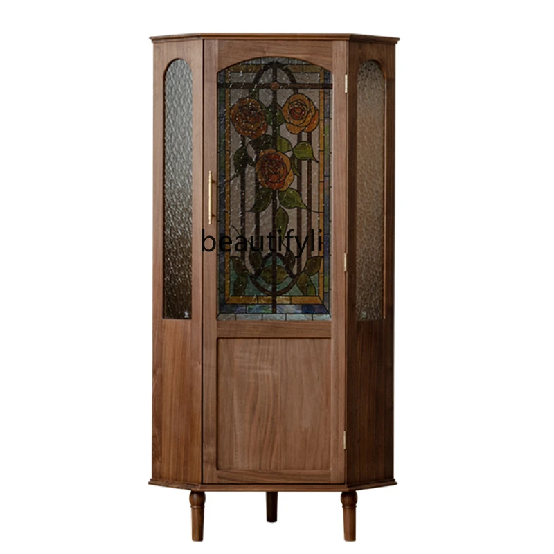 

Vintage Rose Corner Cabinet Black Walnut Solid Wood Wine Cabinet Nordic Living Room Corner Turn Corner Cabinet