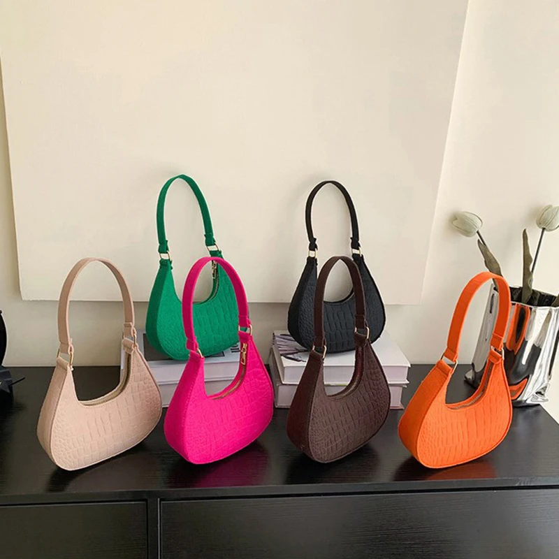 Fashion Simple Moon Shape Underarm Bags Cute Women Female Crocodile Grain Shoulder Bag Felt Purses Handbags Trend Accessories