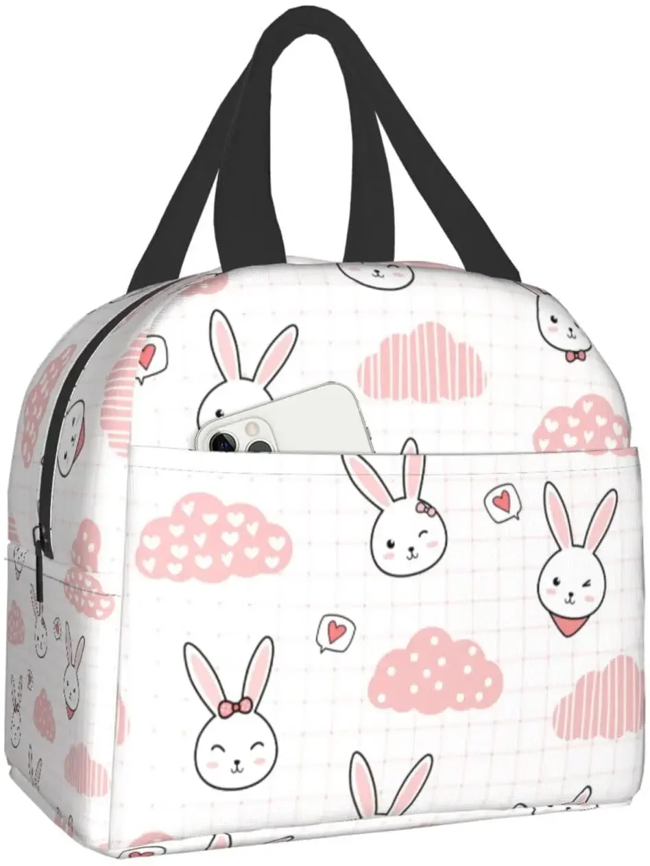 Cute Rabbit Bunny on Pink Grid Lunch Bag Travel Box Work Bento Cooler Reusable Tote Picnic Boxes Insulated Container Lunch Bags