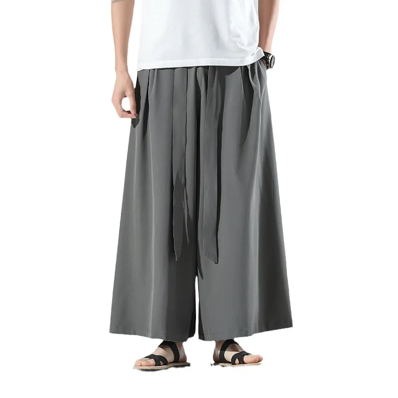 Chinese Style Summer Men's 2024 New Patchwork High-waisted Bandage Pockets Fashion Solid Color Minimalist Casual Wide Leg Pants