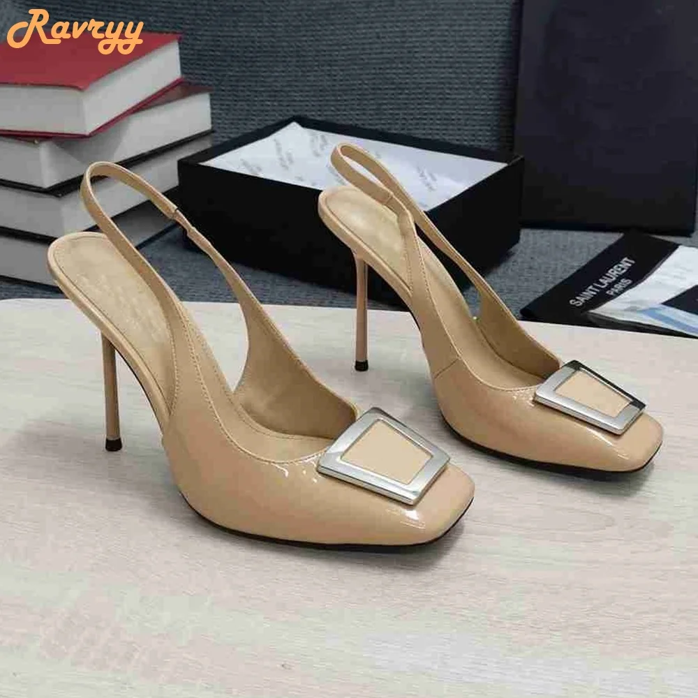 Metalowa kwadratowa klamra rubinowe sandały Slingback szpilki kryształowe błyszczące sandały czarne/niebieskie/czerwone Slip On Women Shoes Luxury