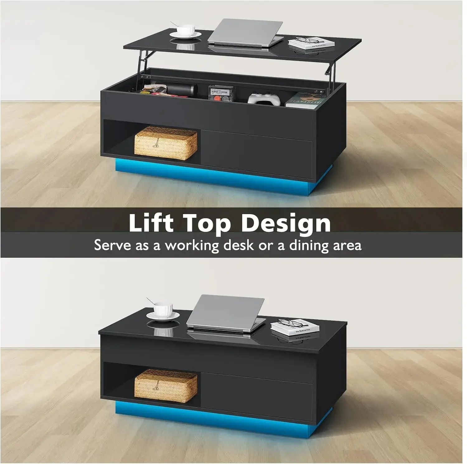 XMSJ-Lift Top Coffee Table dengan Penyimpanan LED Coffee Table Morden High Gloss Ruang Tamu 3 Tingkat Modern Tea Table