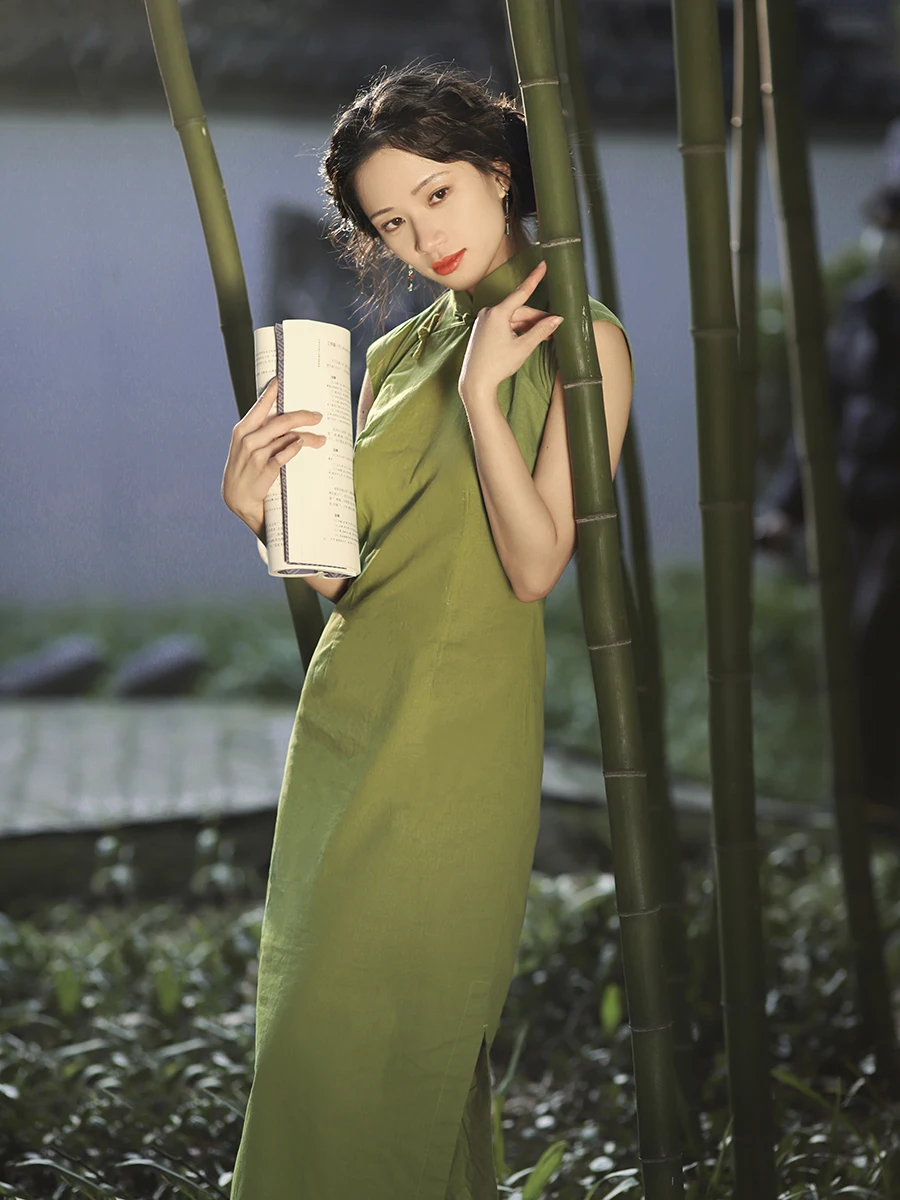 

Mojom Spring Summer Cotton Linen Long Qipao with f Buttoned Svel Pure Color Retro Daily Wear Low Slit Flag Robe