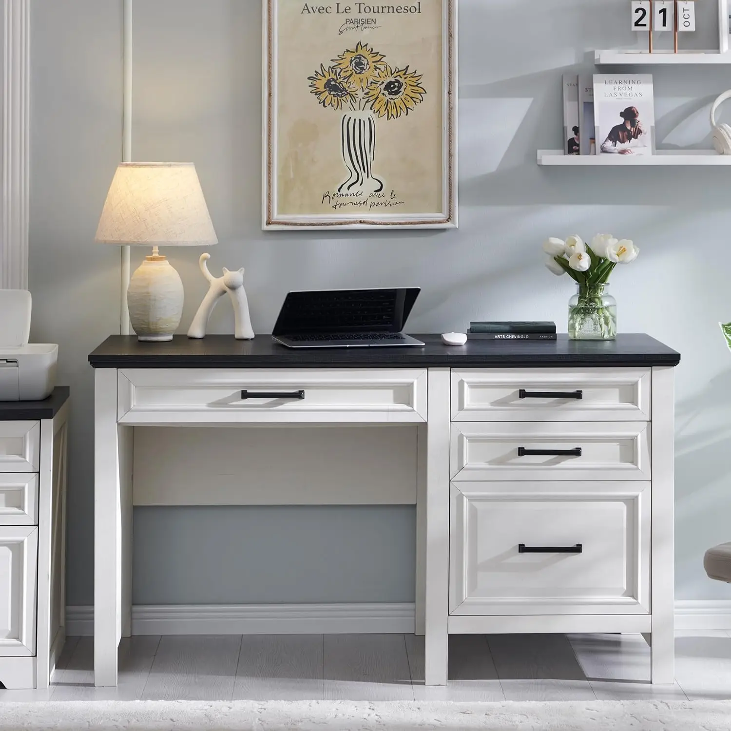 53INCH Home Office Desk, Modern Farmhouse Computer Desk with File Cabinet Letter T4 F4 Legal, Study Writing Desk, Off White