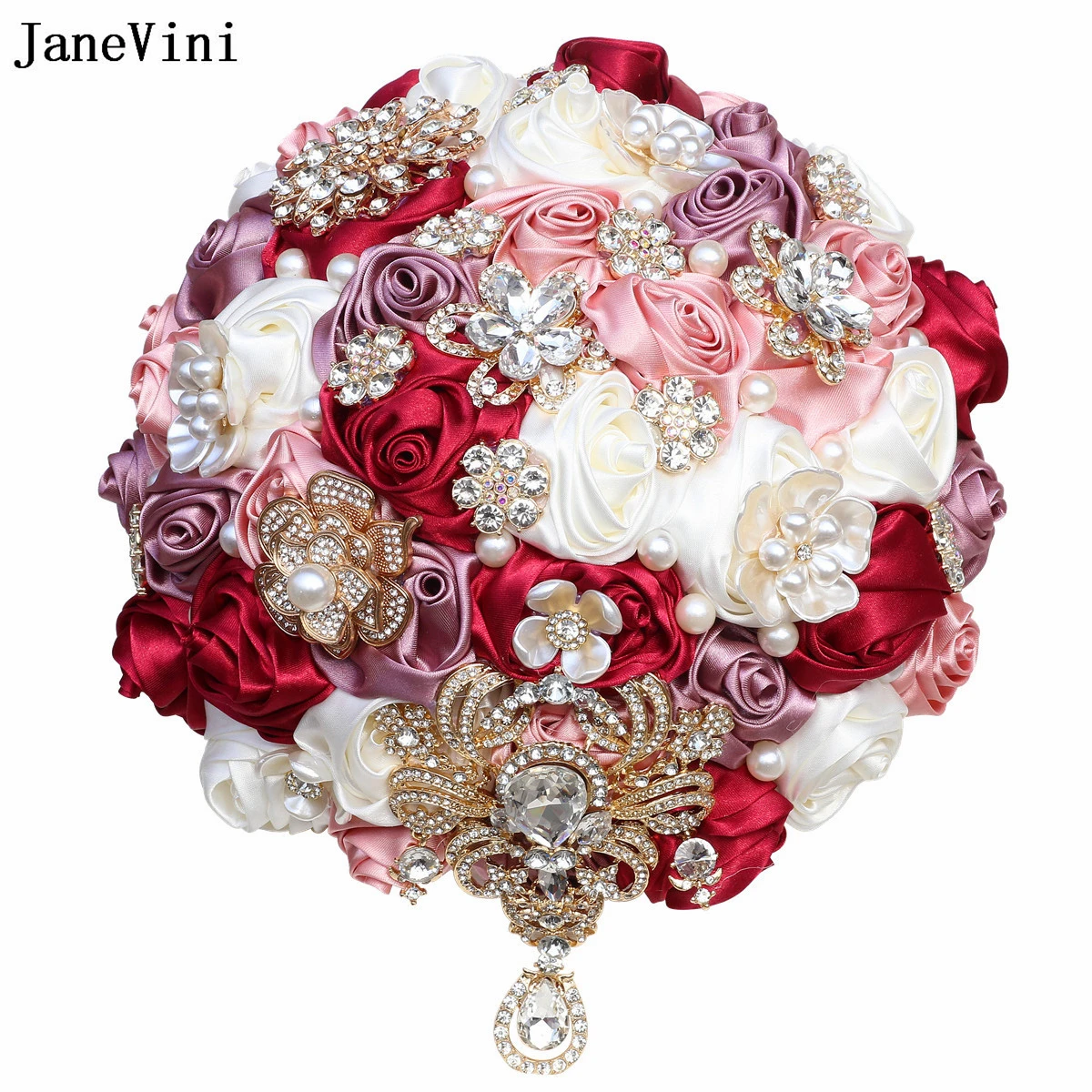

JaneVini New Luxury Golden Rhinestones Bridal Bouquets Artificial Dark Red Satin Roses Pearls Wedding Flowers Bouquet Customized