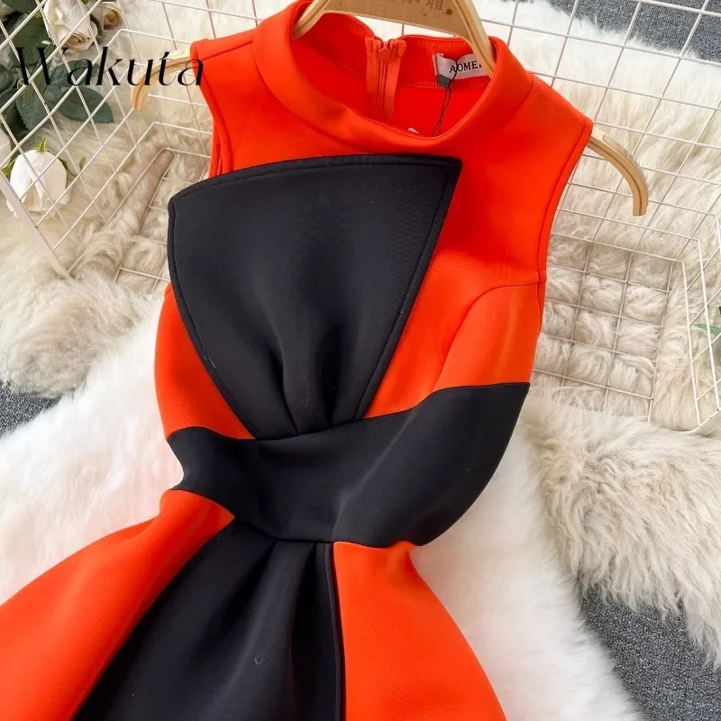 WAKUTA American Vintage Round Neck Sleeveless Splicing Dress High-end Light Luxury Niche Color Collision Bow A-line Swing Gowns