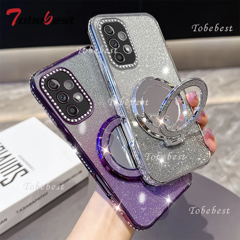 Diamant Glitter Magsafe Spiegel Magnetische Halter Fall Für Samsung Galaxy A13 A23 A33 A53 A12 A22 A32 A52 A72 4G 5G Silikon Abdeckung