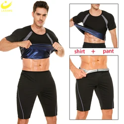 LAZAWG Sauna Suit for Men Sweat Set Slimming Pants Weight Loss T-shirt Workout Shorts Fitness Top Body Shaper Fat Burner Gym