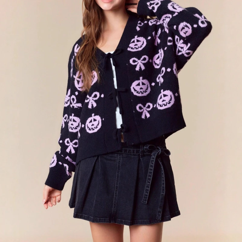 

2025 Halloween Sweater Women's New Jacquard V-neck Cardigan Ladies Long Sleeve Warm Knit Sweater Club Party Clothes