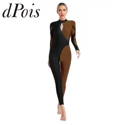 Women Long Sleeve Rhythmic Gymnastics Bodysuit Ballet Dance Leotard Figure Skating Jumpsuit Contrast Color Adults Dance Costume