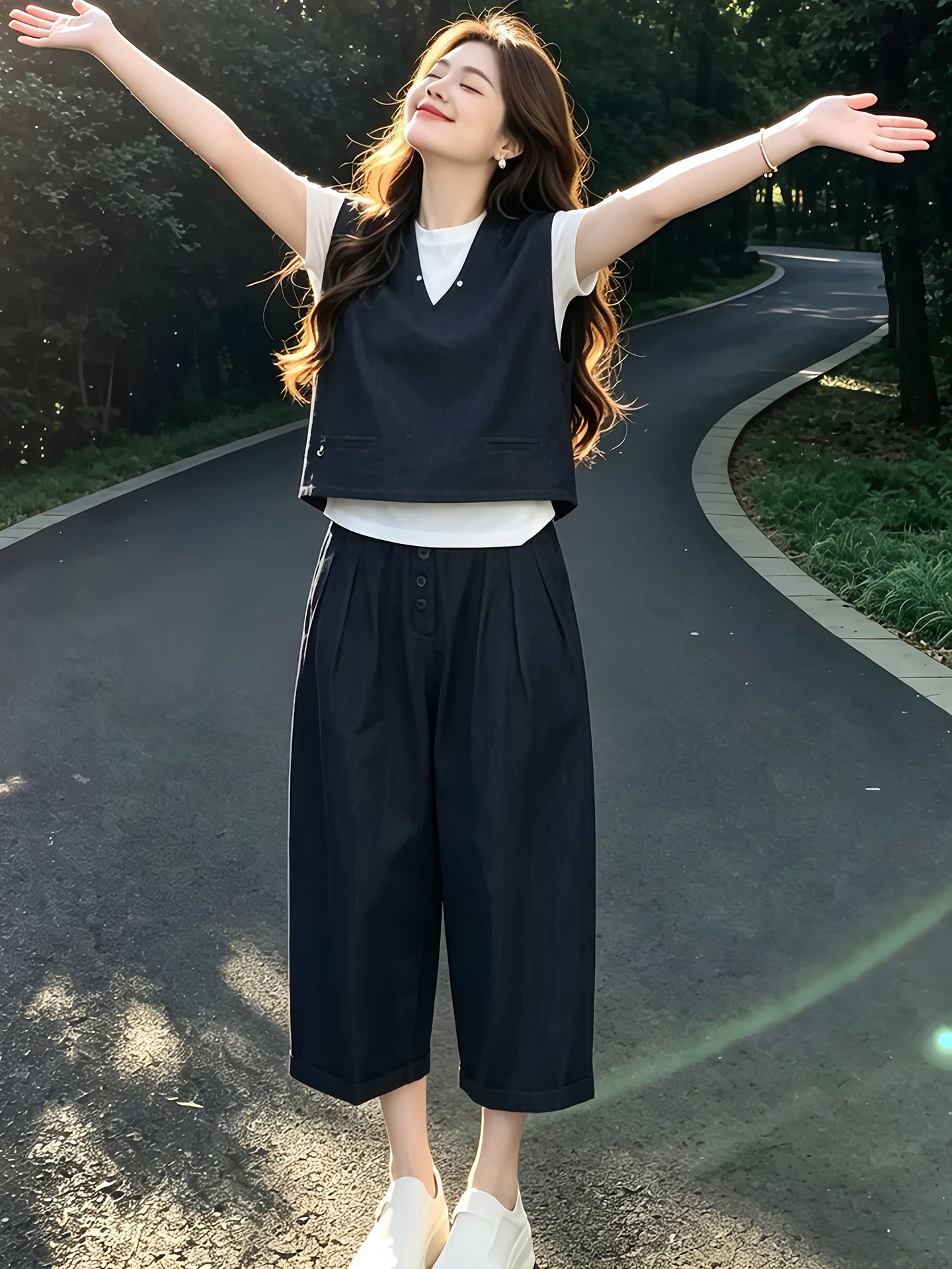 

Summer Fashion Trend Women's T-Shirt V-Neck Tank Top Wide Leg Pants Three-Piece Set High Waist Nine-Piece Pants Regular Fit
