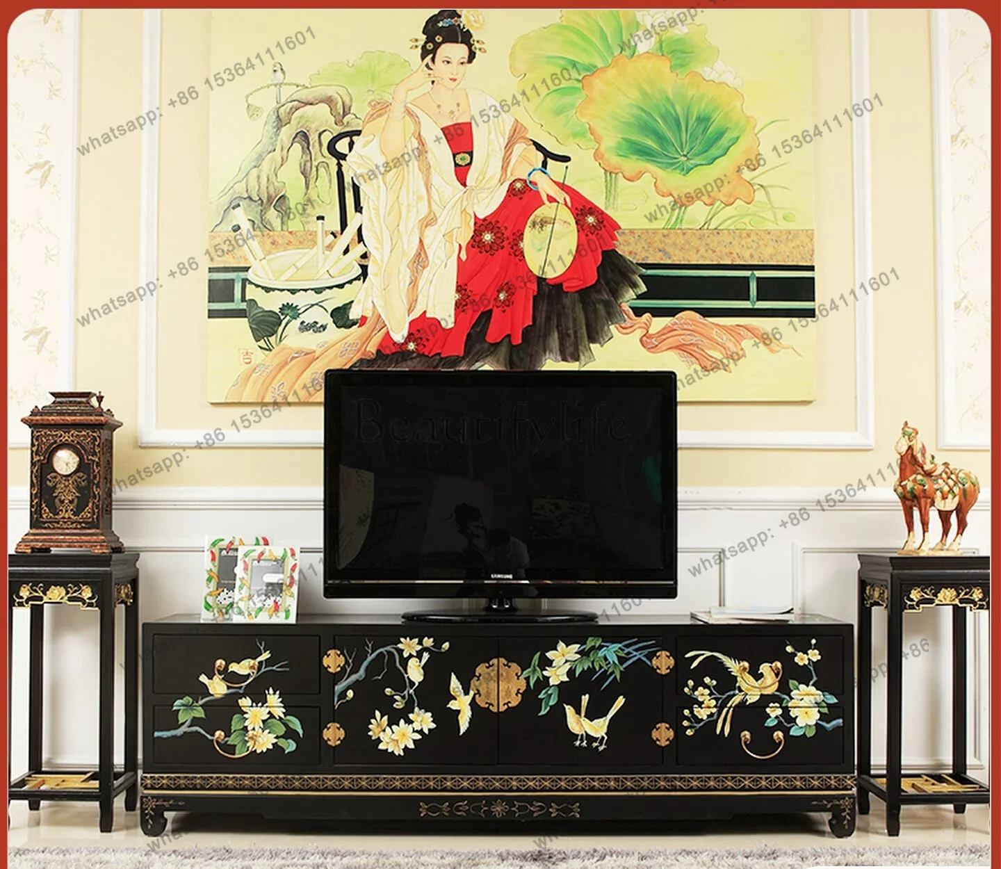 New Chinese-style villa painted floral and bird TV cabinet, minimalist storage base cabinet decoration
