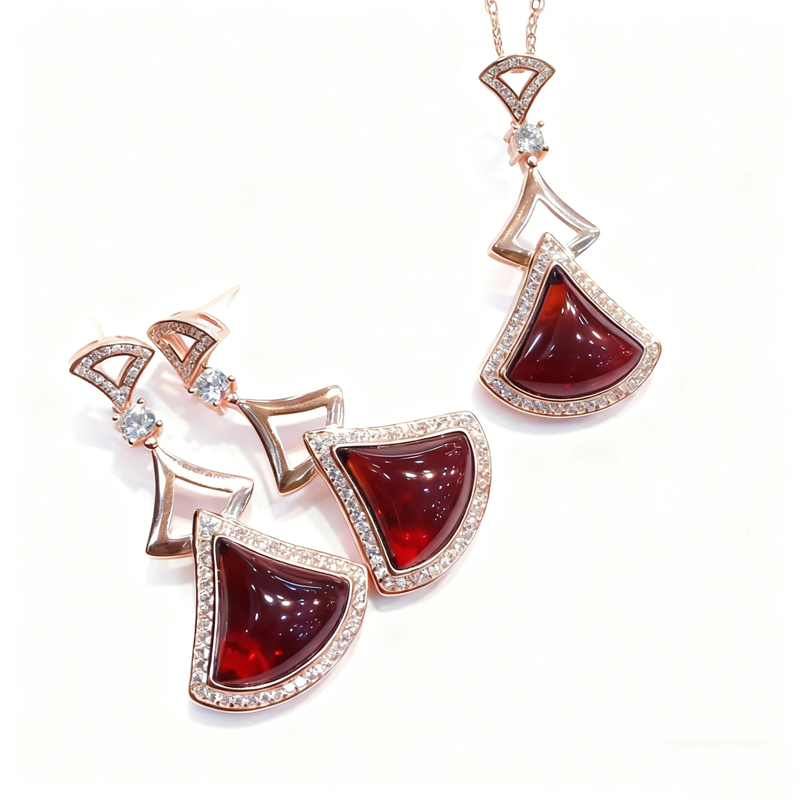 

S925 Silver Blood Amber Pendant Necklace Set Geometric Openwork Fan Chinese Light Luxury Jewelry for Women Daily Formal
