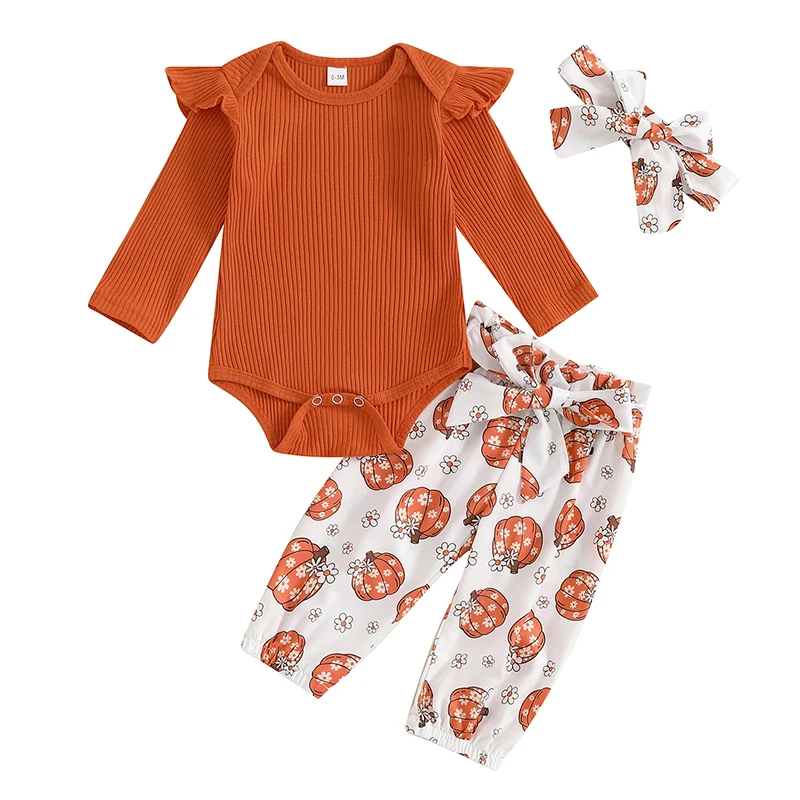 

Infant Baby Girl Halloween Outfit Ribbed Long Sleeve Romper and Pumpkin Flower Pants Headband Cute Newborn Fall Clothes