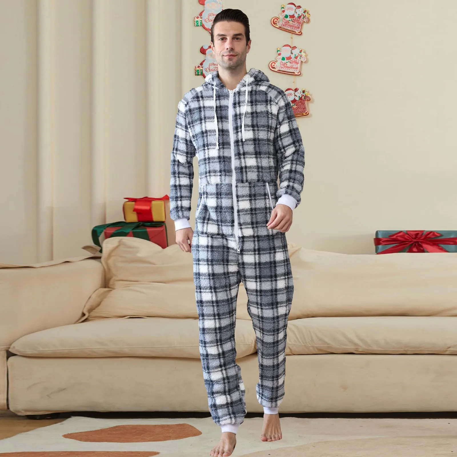 

Men Winter Warm Teddy Fleece Stitch Plaid Fluffy Sleepwear One Piece Sleep Lounge Pajama Jumpsuits Hooded Onesies For Adult Men