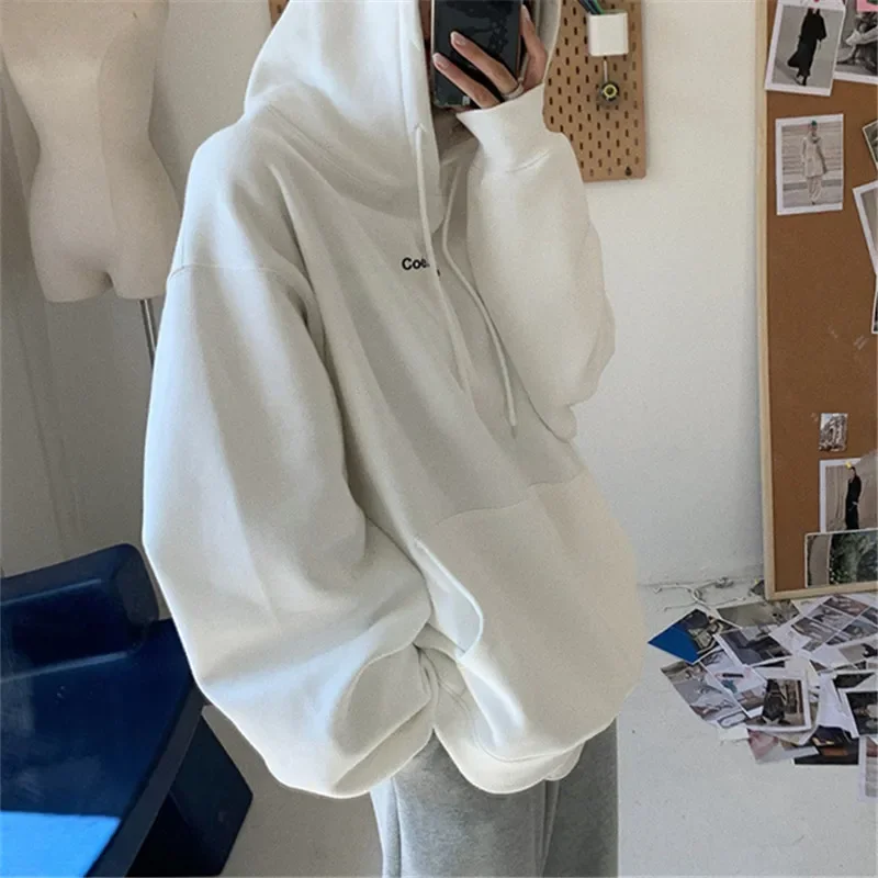 Autumn Women Kpop Loose Hooded Sweatshirts Thick Warm Pullovers Long Sleeve Couple Tops Harajuku Vintage Letter Printed Hoodies