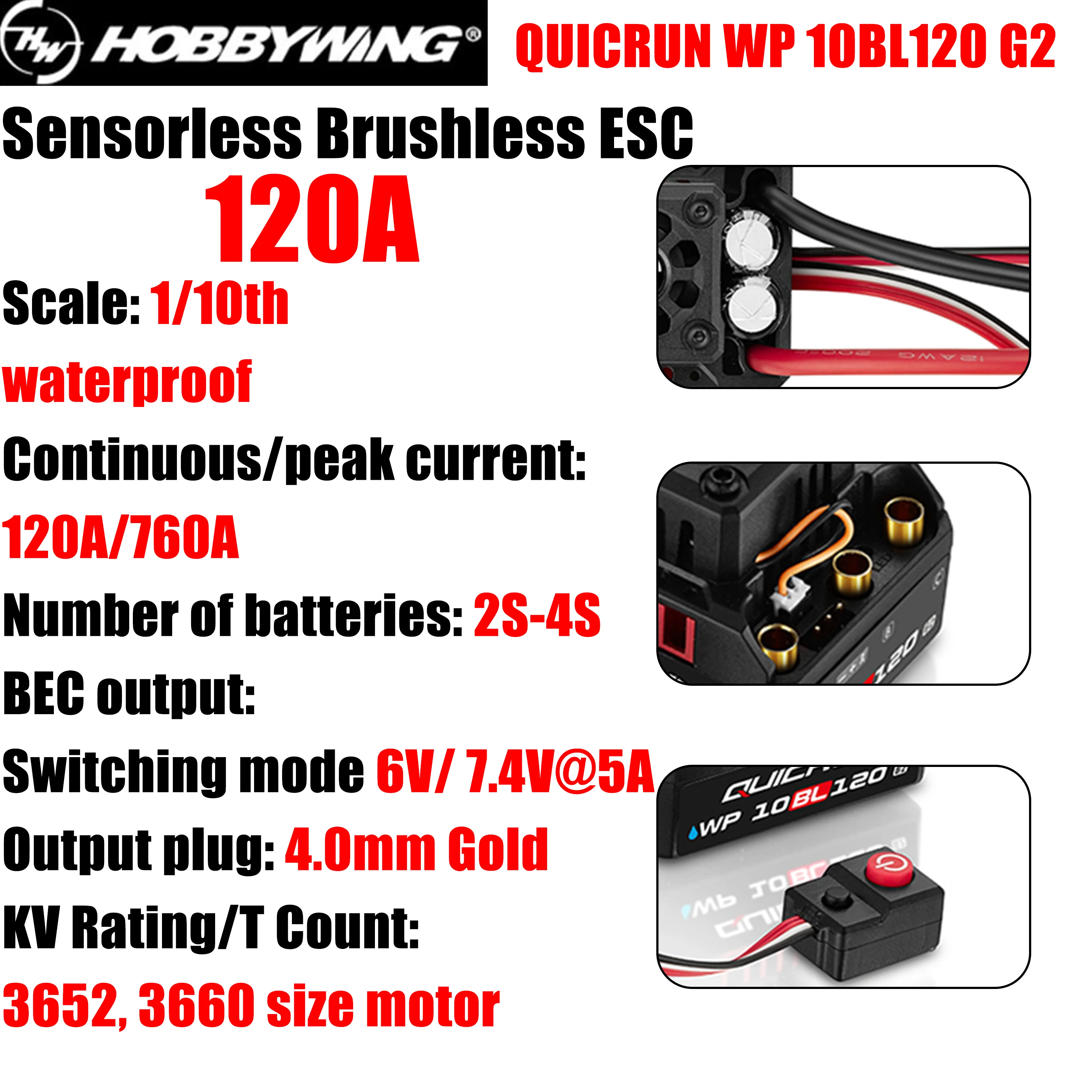 

HOBBYWING QuicRun WP 10BL120 G2 120A Sensorless Brushless ESC Waterproof 2-4S for 1/10 RC Model Car Truck Buggy 3652 3660 Motor