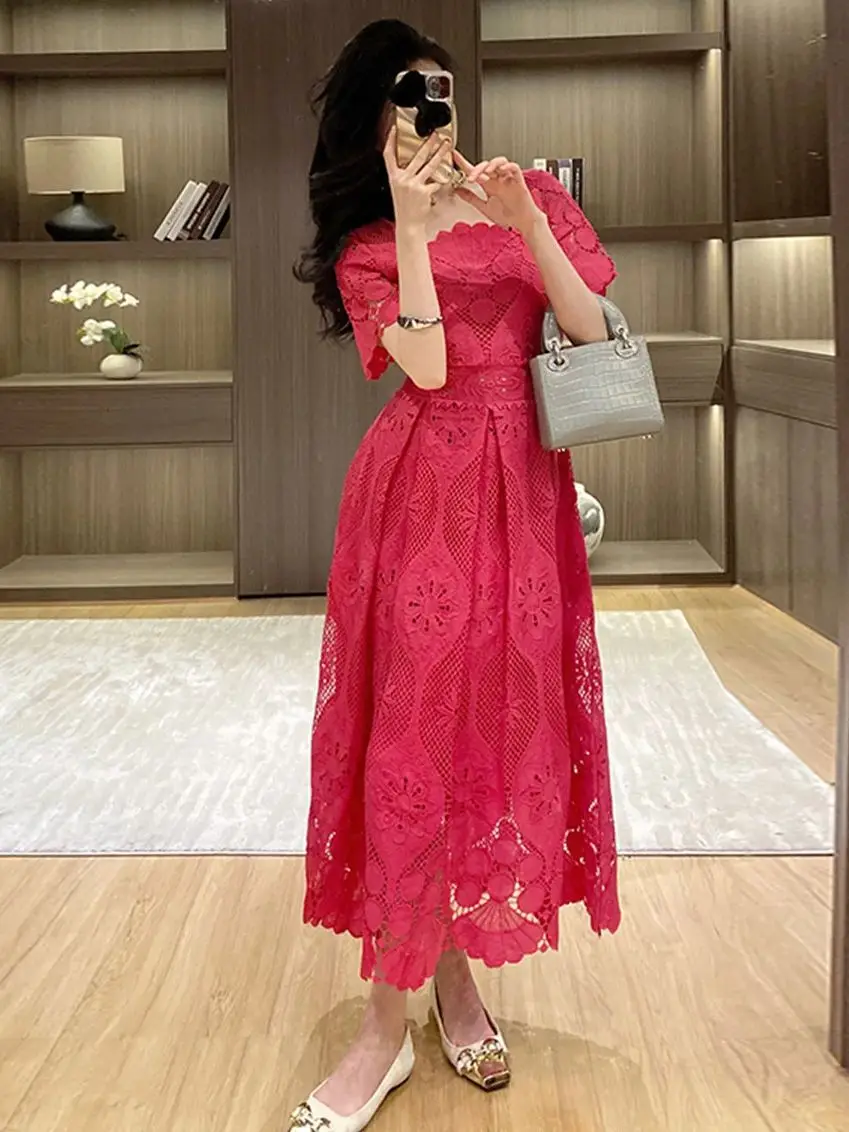 

Solid Minimalist Lace Hollow Out Dress For Women Squared Neck Short Sleeve High Waist Elegant Dresses Female Fashion Summer New
