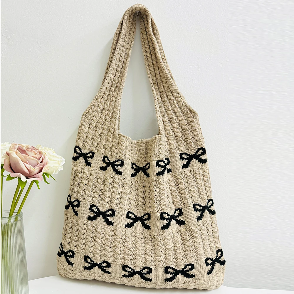 Women Soft Knitted Bag Large Capacity Bow Pattern Crochet Shoulder Bag Multifunctional Aesthetics Handbag for Shopping Traveling