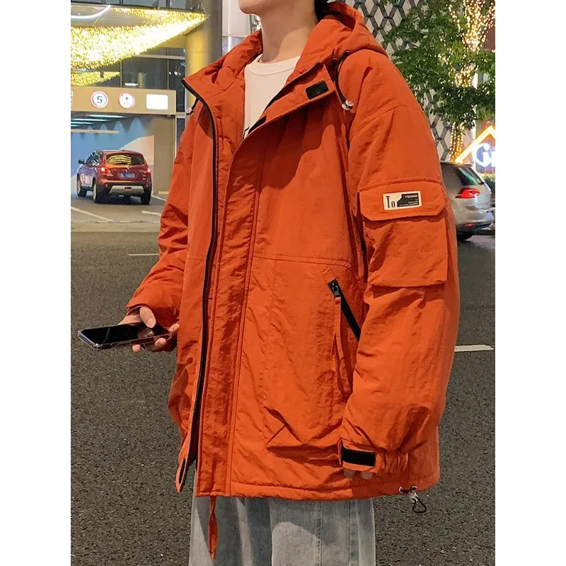 Parka grossa de capuz masculino com bolsos múltiplos, jaquetas quentes, corta-vento casual, casaco térmico, acolchoamento